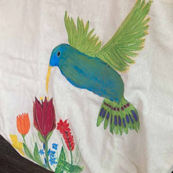 Cotton Shopping Tote w Hand Painted Humming Bird Floral Design - Picture 2 of 4